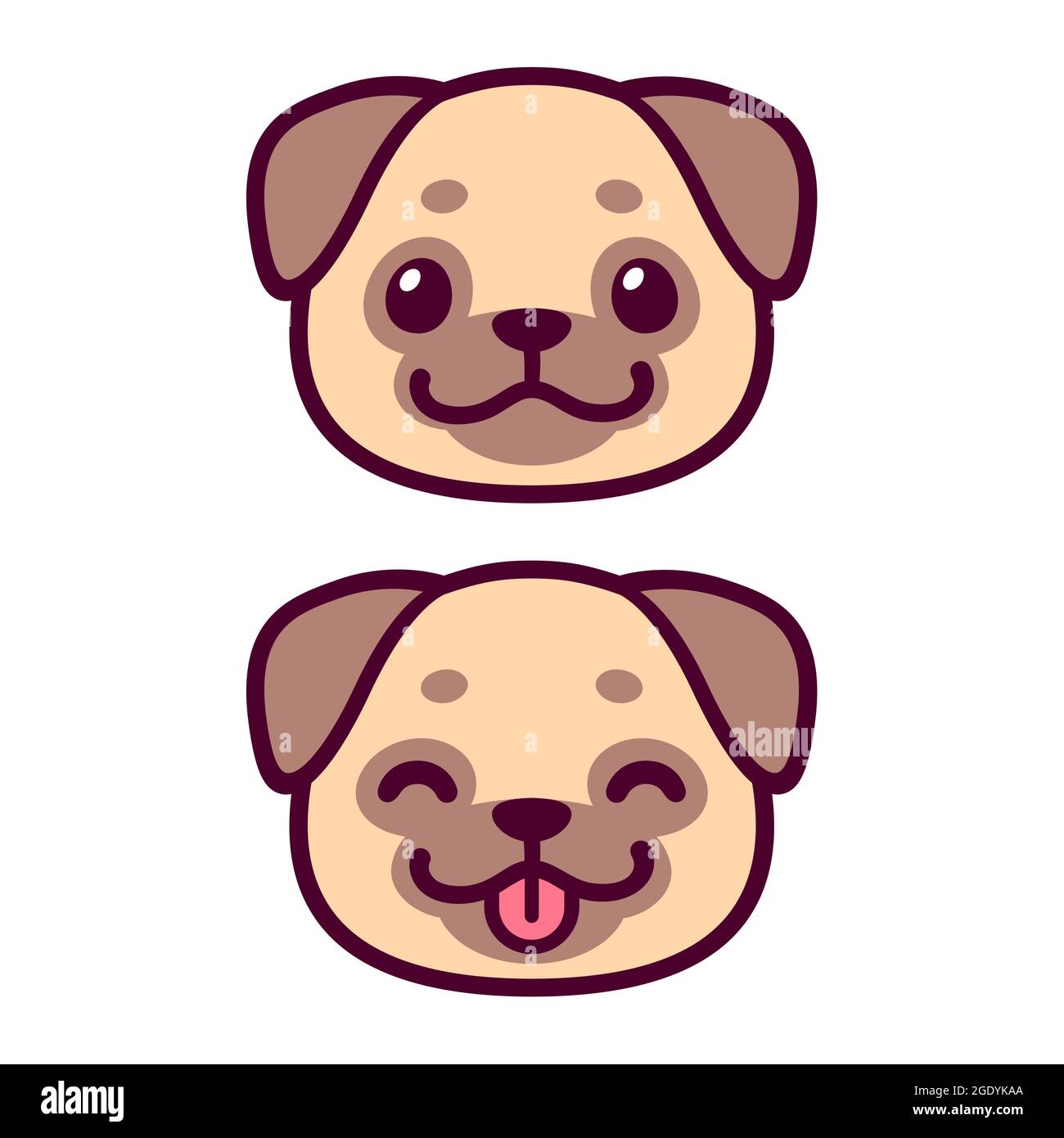 Cute Cartoon Pug Face Icons - Happy Dog Illustrations