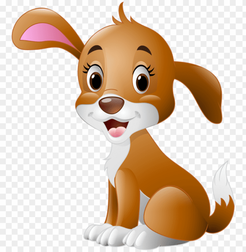 Cute cartoon brown puppy sitting and smiling with one ear perked up and white paws.