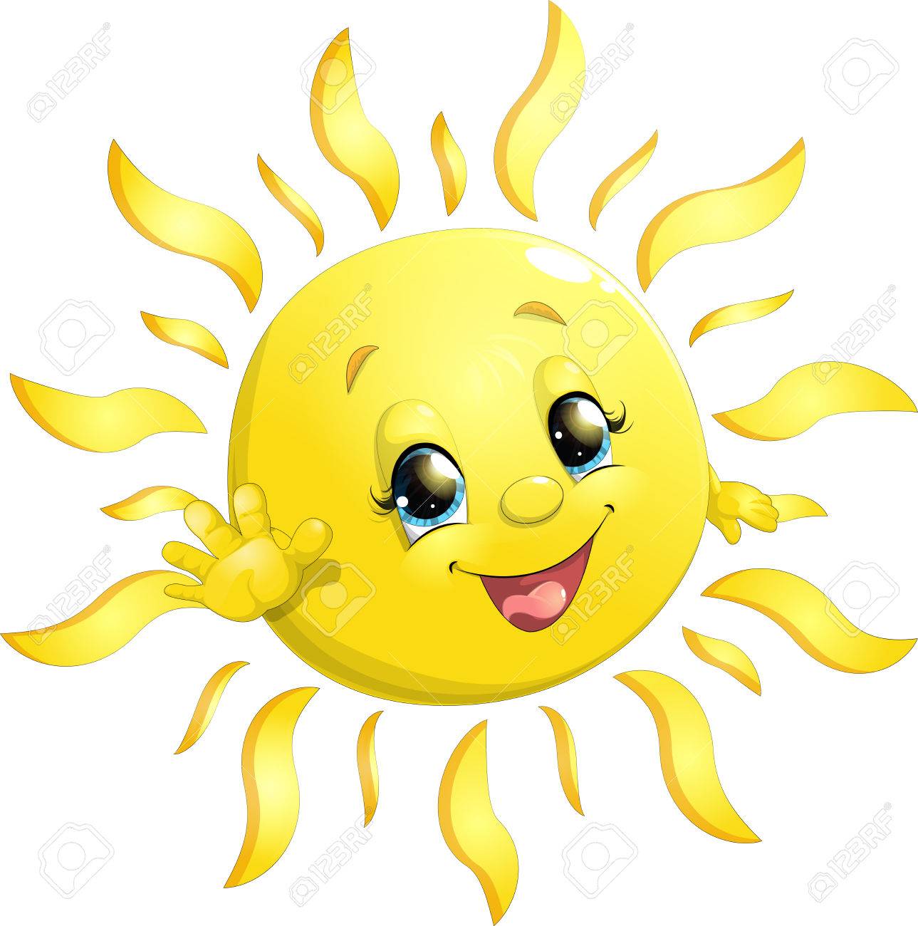Cute yellow cartoon sun character with blue eyes and a happy smile waving hello.
