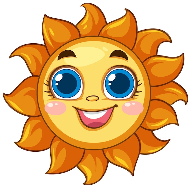 A cheerful cartoon sun with a smiling face, blue eyes, and orange rays.