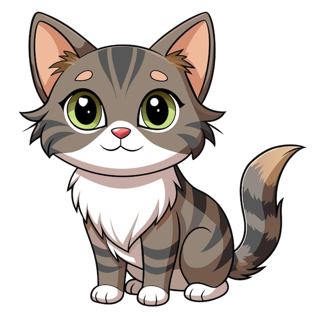 Cute cartoon tabby kitten with large green eyes and white chest sitting on a white background.
