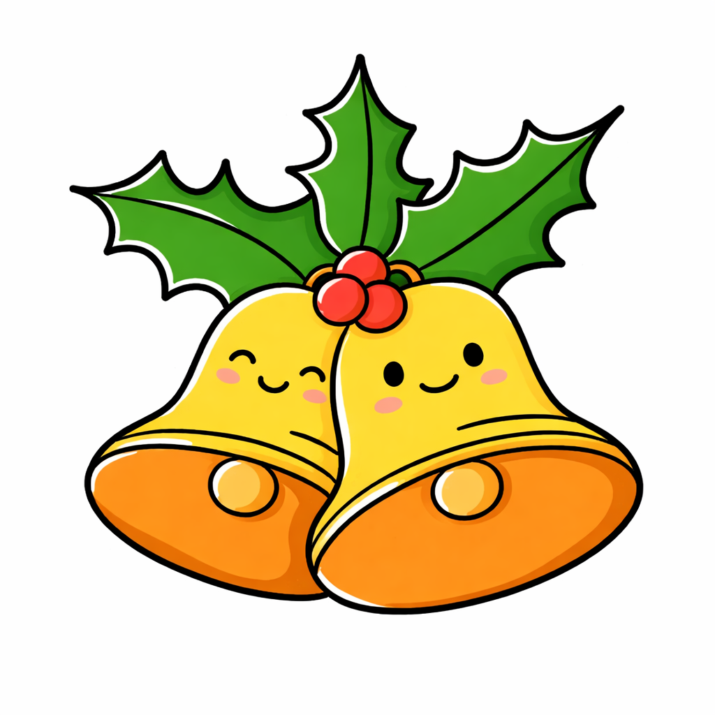 Cute Kawaii Christmas Bells with Holly Illustration