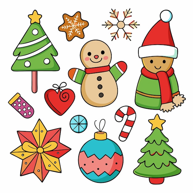 Cute cartoon Christmas illustrations set featuring gingerbread men, trees, ornaments, and holiday treats on a white background.