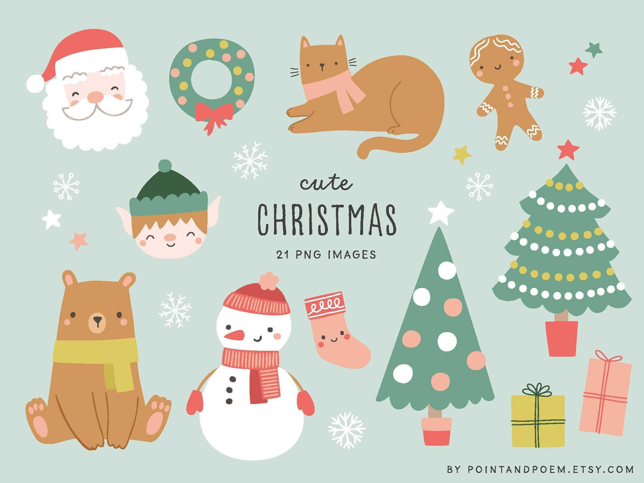 Cute Christmas Clipart Set: 21 Pastel PNG Images for Crafts & Design