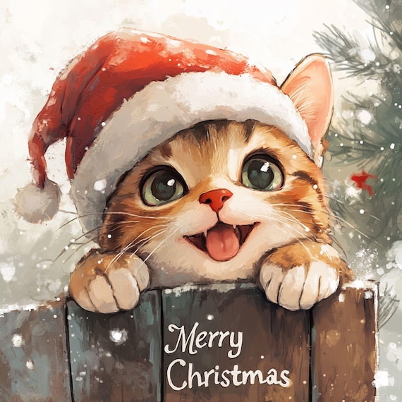 Adorable Christmas Kitten Wearing Santa Hat | Festive Holiday Art
