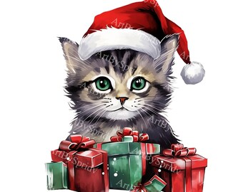 Festive Christmas Kitten Wearing Santa Hat with Holiday Gifts