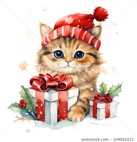 Cute Christmas Kitten in Red Hat with Gifts - Watercolor Art