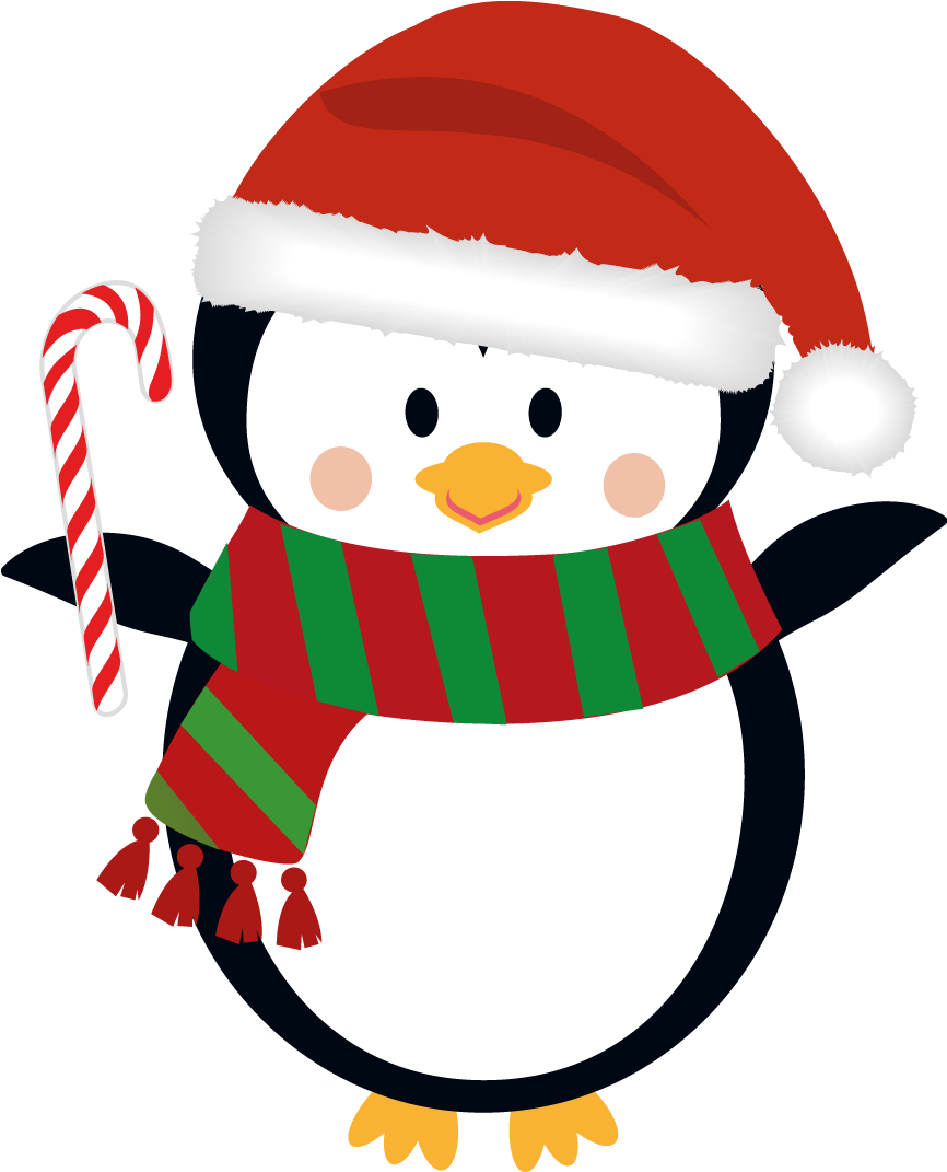 Free Christmas Penguin Clipart - Santa Hat & Candy Cane