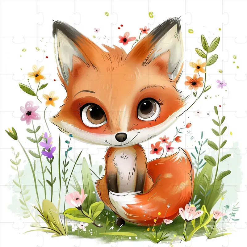 Cute cartoon fox sitting among colorful spring flowers and green leaves on a puzzle background.