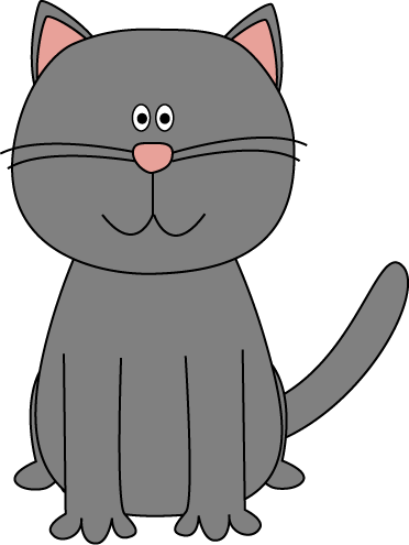 Cartoon illustration of a gray cat sitting with a pink nose and tail.