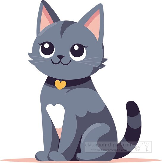 A cute grey cartoon cat sitting with a black collar and yellow heart tag.