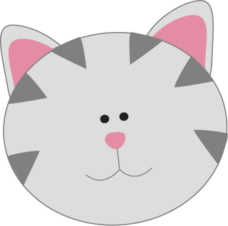 Cute grey cartoon cat face with pink ears and stripes
