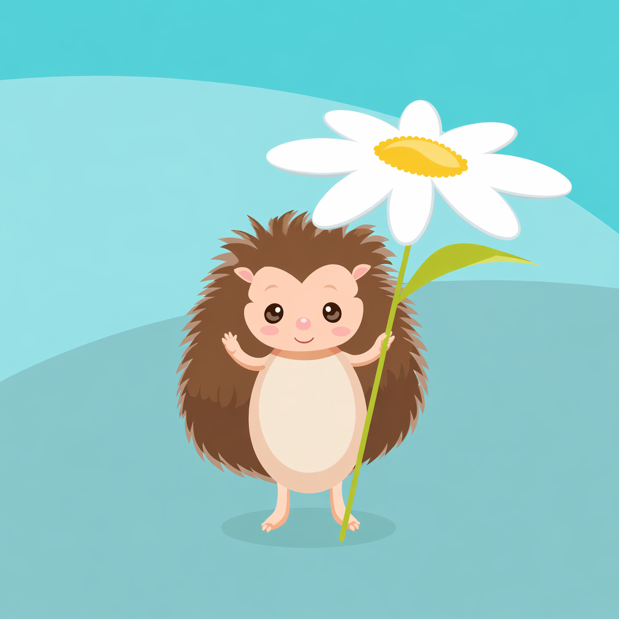 Cute Cartoon Hedgehog Holding a White Daisy Flower Illustration