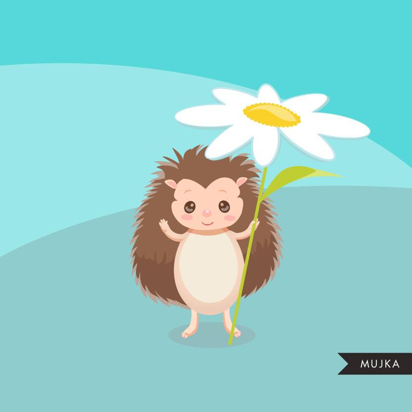 Cute cartoon hedgehog holding a large white daisy flower and waving.