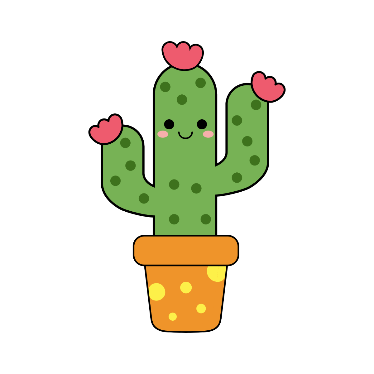 Cute kawaii cactus with pink hearts and a smiling face in an orange pot.