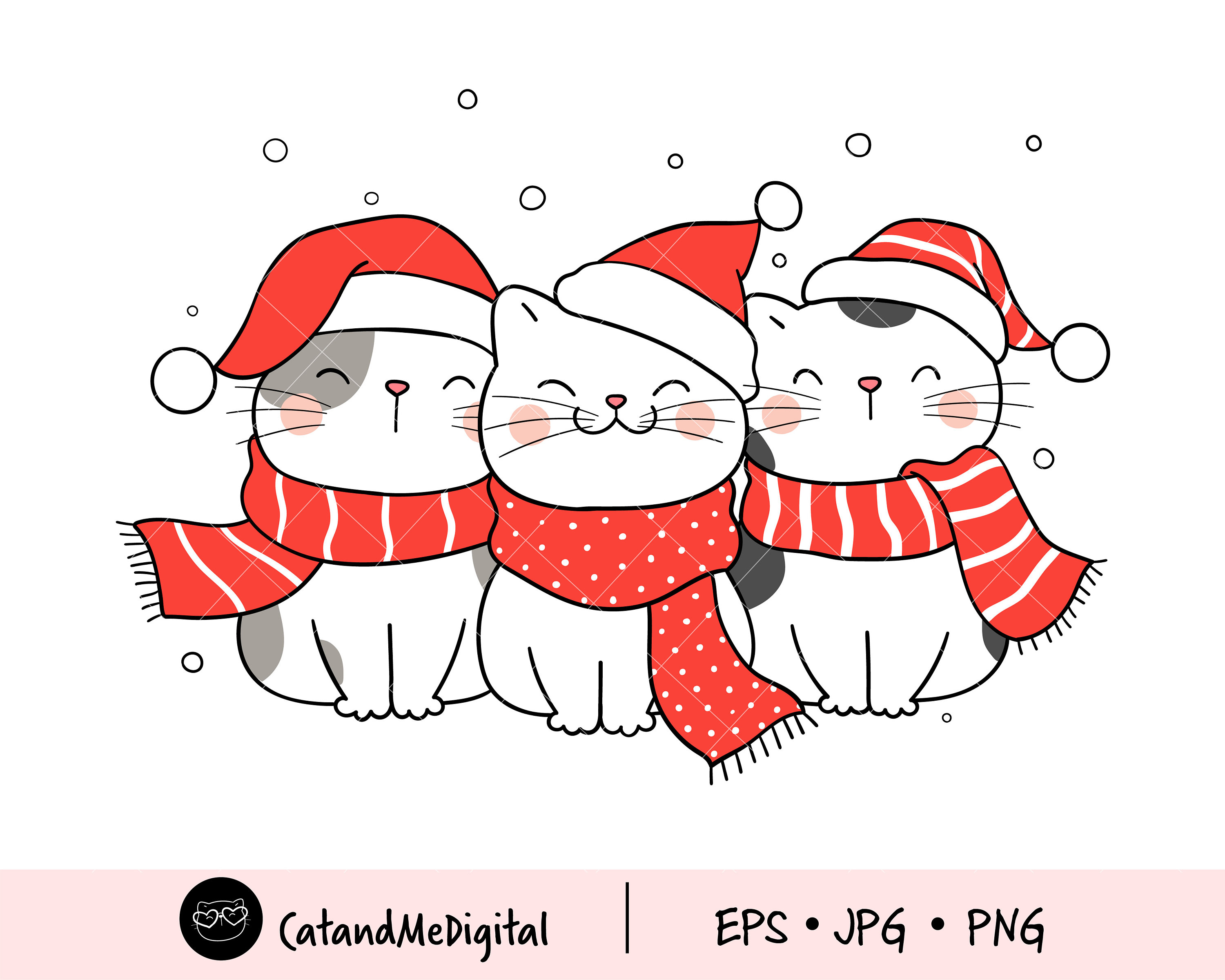 Cute Christmas Cats Clip Art - Kawaii Holiday Illustration