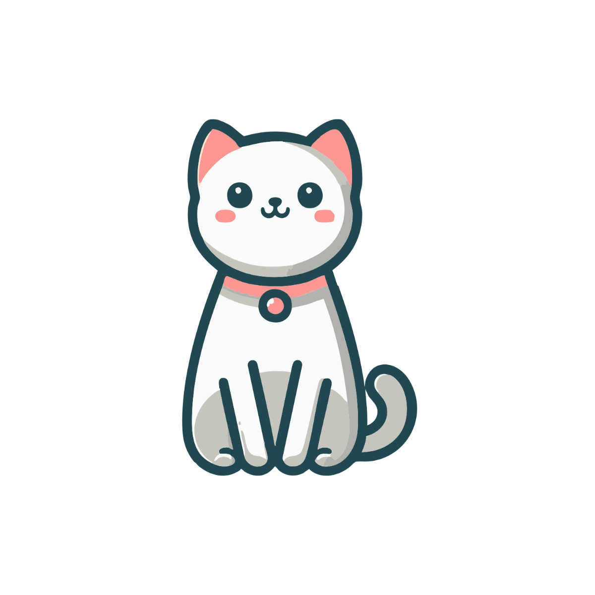 Cute kawaii white cat illustration with pink collar and bell, sitting cartoon character