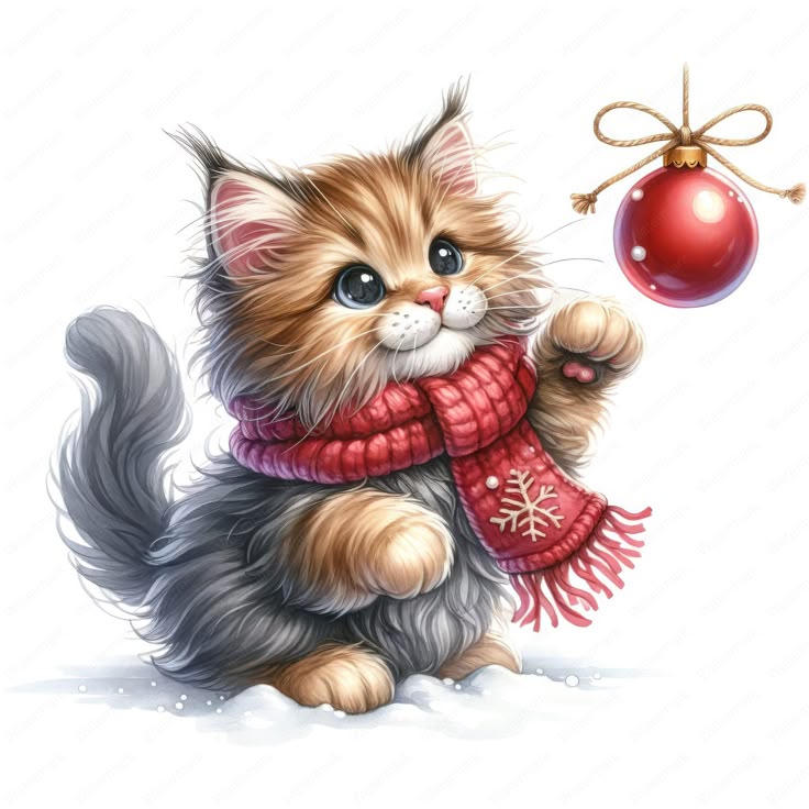 Adorable Kitten in Red Scarf Playing with Christmas Ornament