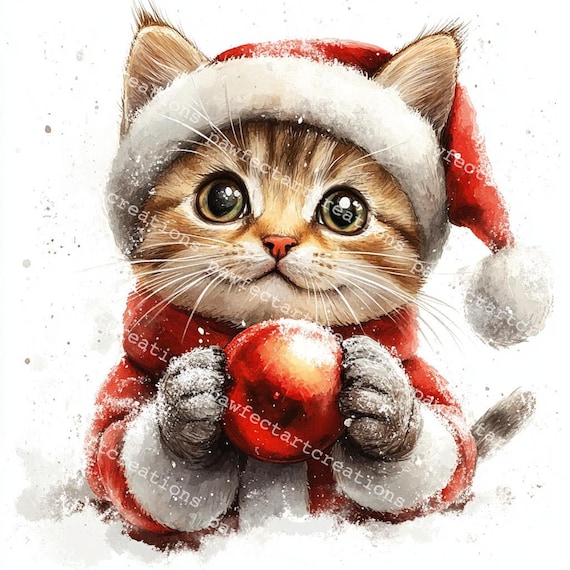 Adorable Christmas Kitten Holding Ornament | Festive Cat Art