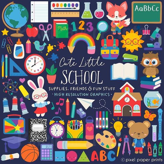 Cute Little School Clipart Set - Supplies, Friends & Fun Graphics