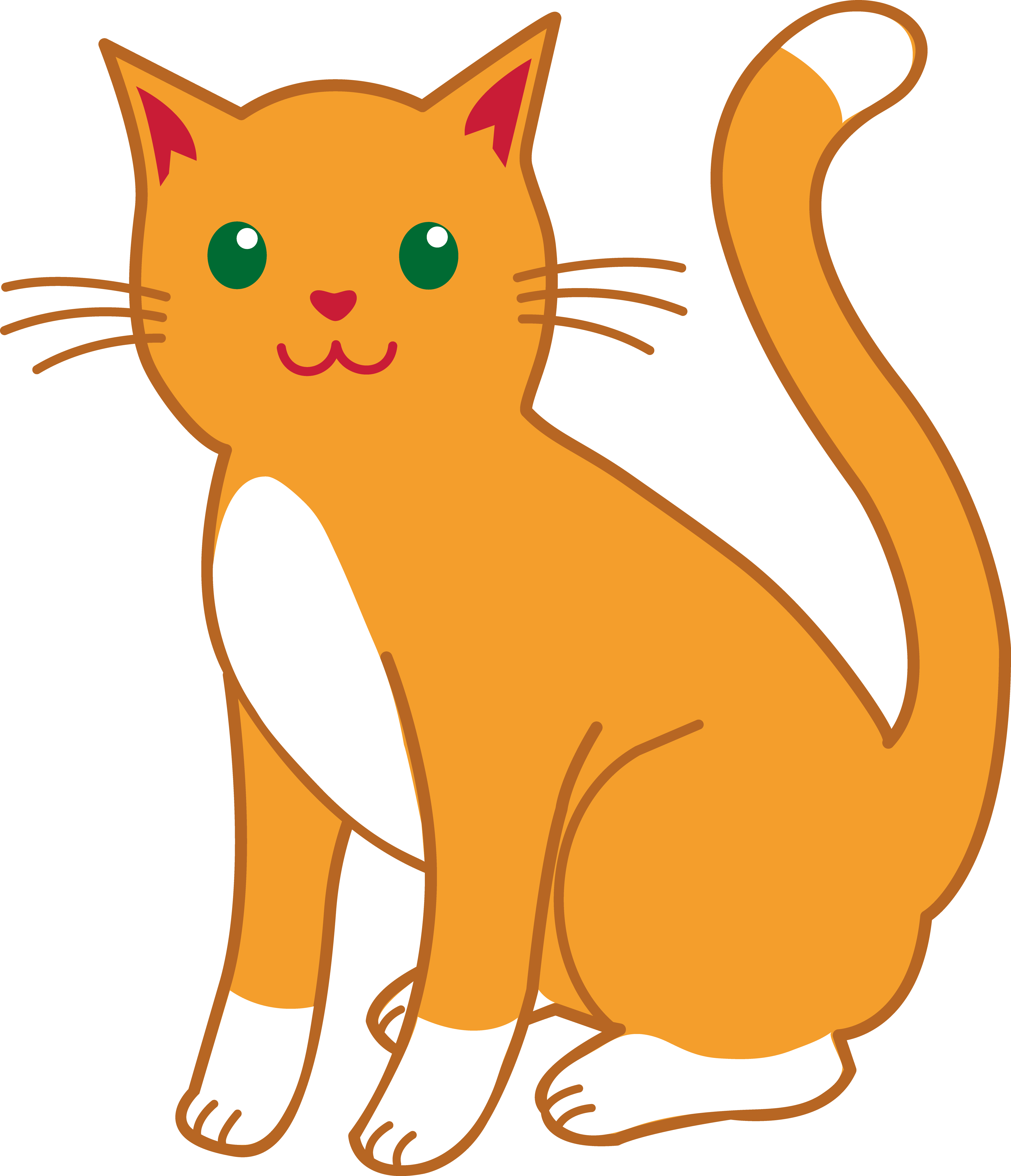 Cute orange and white cartoon cat sitting with green eyes.