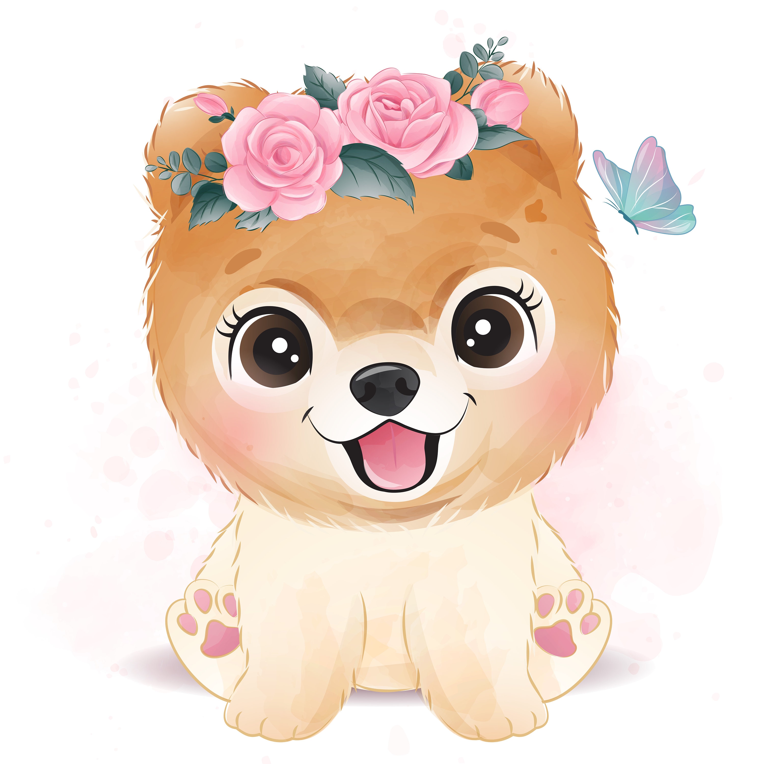 Adorable Cartoon Puppy with Rose Crown and Butterfly Illustration