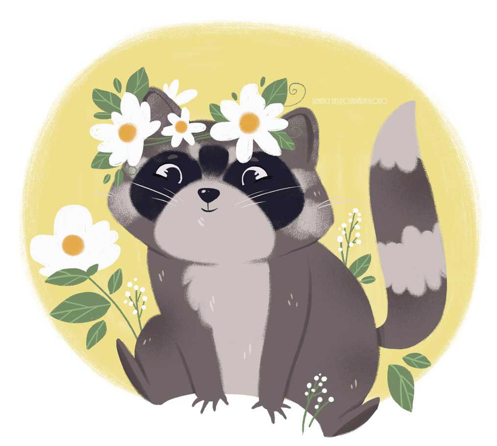 Cute illustrated raccoon wearing a white daisy flower crown sitting against a yellow background.