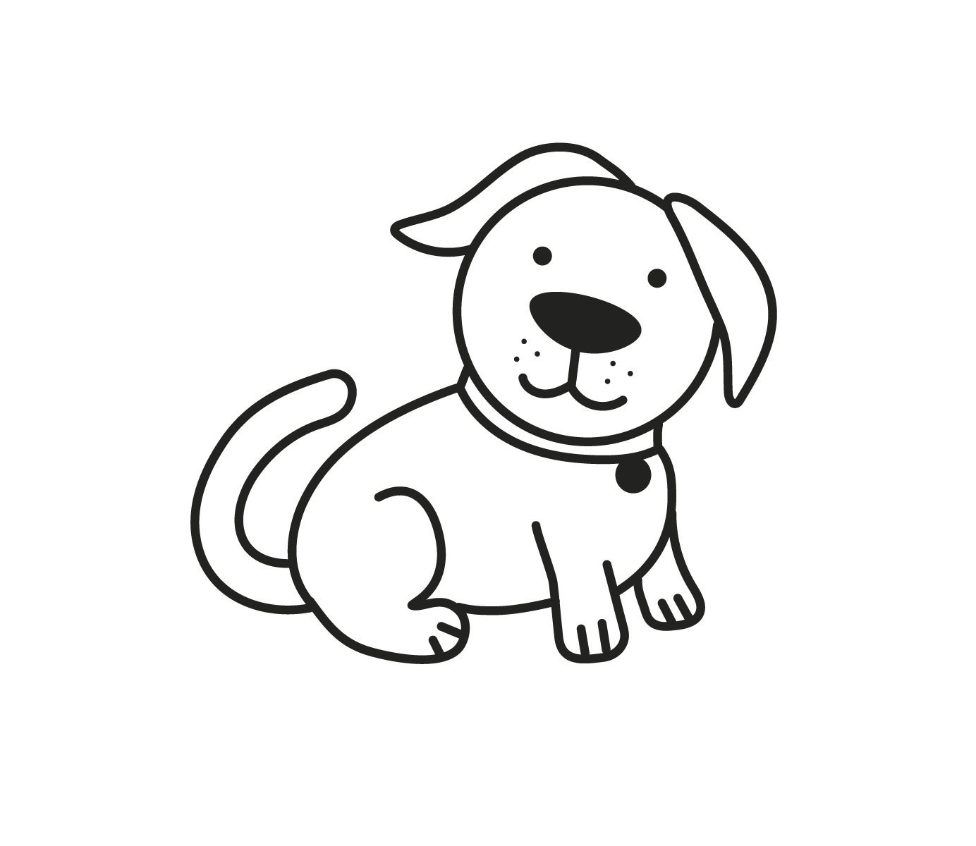 Cute sitting puppy dog line art with collar and tag.
