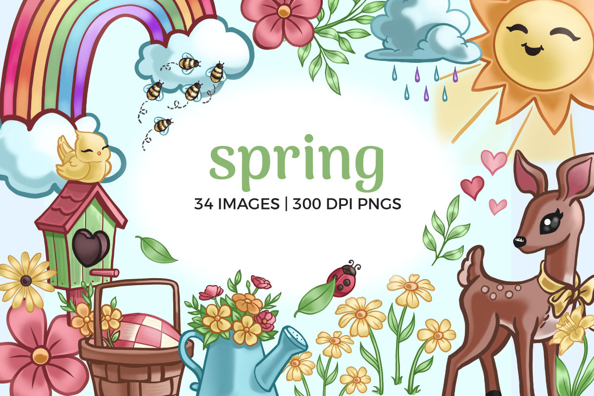 Cute spring clipart bundle with rainbow, sun, deer, and flowers labeled 34 images 300 DPI PNGs.