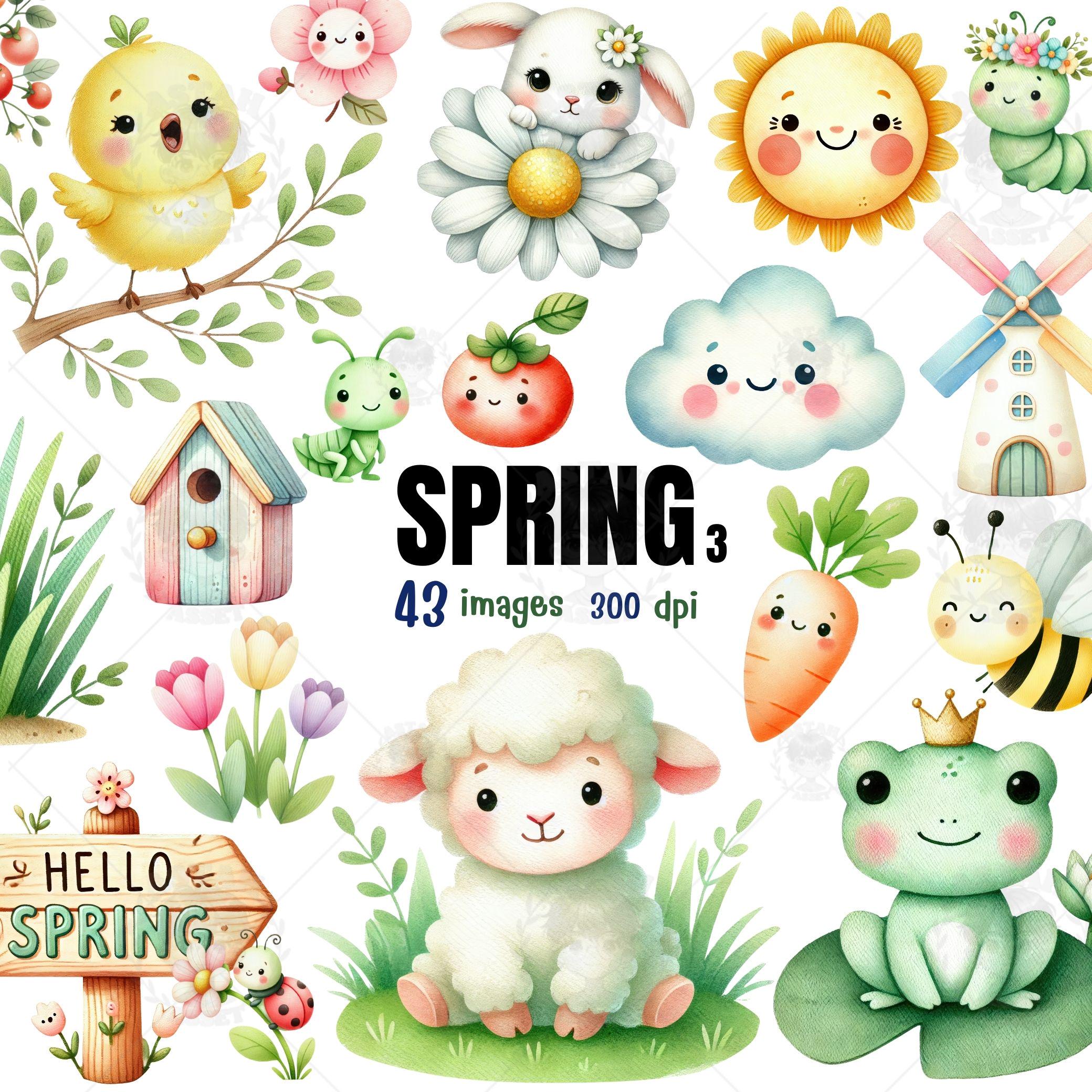 Cute watercolor spring clipart set featuring a bunny, chick, lamb, sun, and flowers.