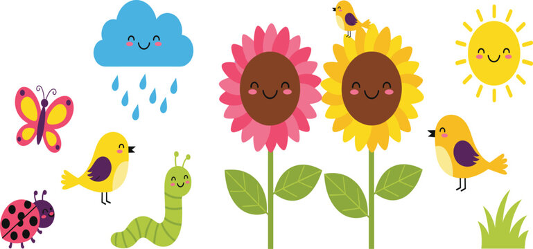 Cute cartoon nature set featuring smiling sun, cloud, flowers, birds, butterfly, and caterpillar.