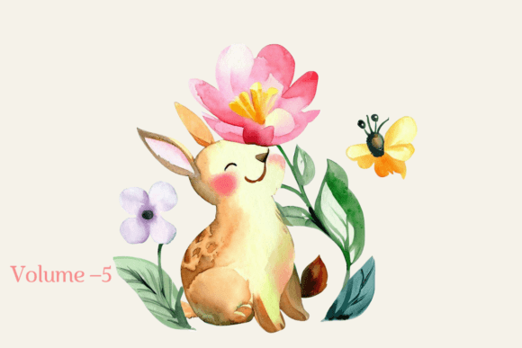 Cute watercolor bunny with pink flower hat sitting with leaves and a butterfly.