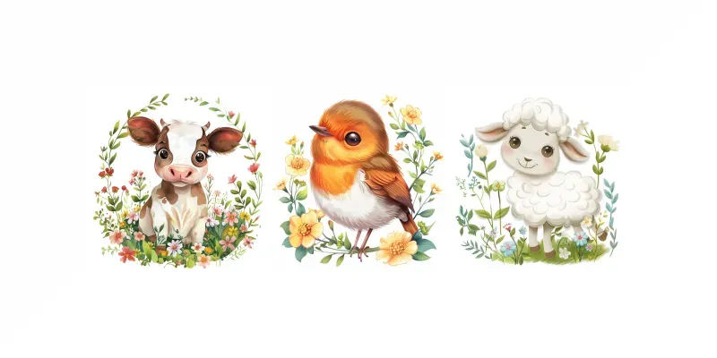 Adorable Watercolor Farm Animals and Bird Illustrations for Spring