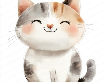 Cute watercolor illustration of a happy white and grey cat with closed eyes and rosy cheeks.
