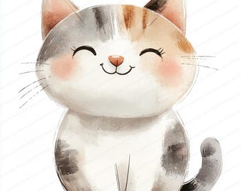 Adorable Watercolor Cat Illustration - Happy Kitten Art