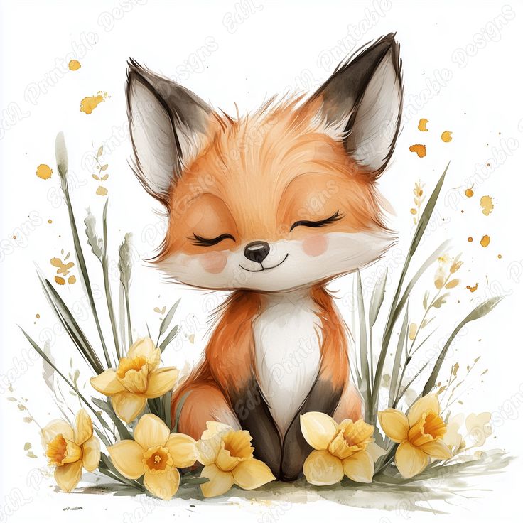 Cute watercolor fox sitting with closed eyes surrounded by yellow daffodils.