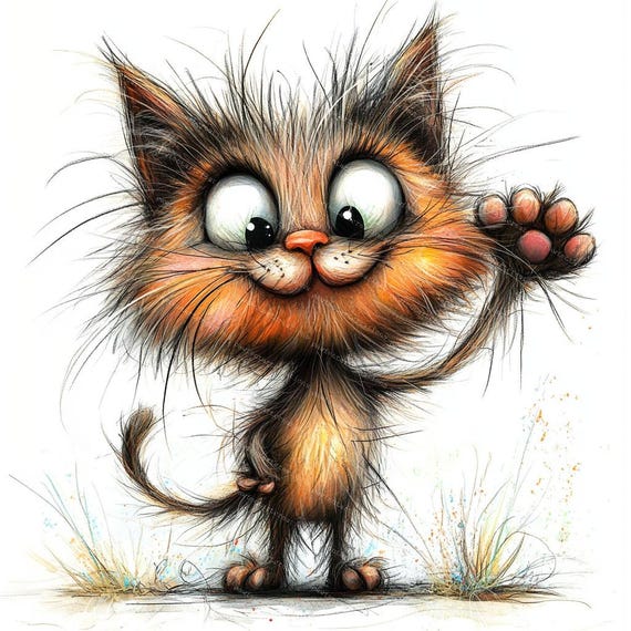 Cute fluffy cartoon kitten waving hello with big eyes and messy fur.