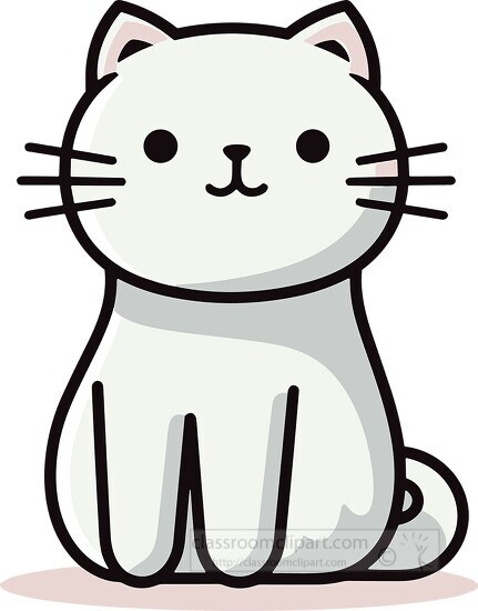 Cute white cartoon cat sitting with simple black outlines and whiskers.