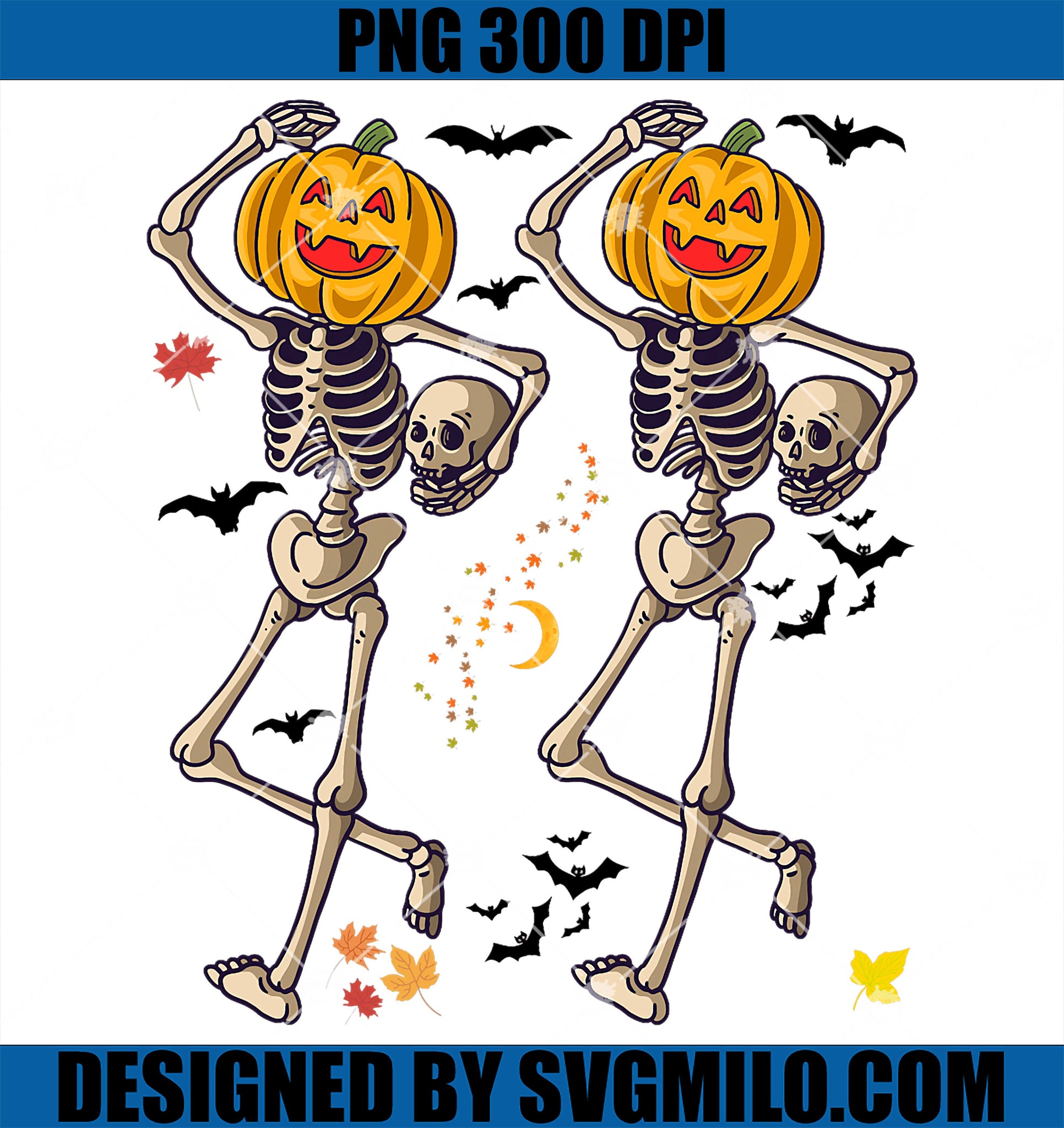Dancing Pumpkin Head Skeleton Halloween Sublimation Design PNG