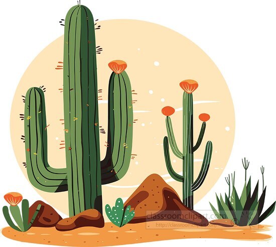 Desert Landscape Illustration with Cacti and Sun