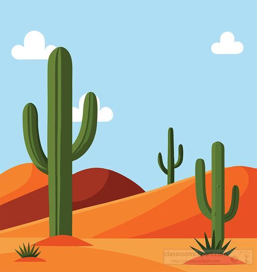 Desert Landscape Vector Illustration with Cacti and Sand Dunes