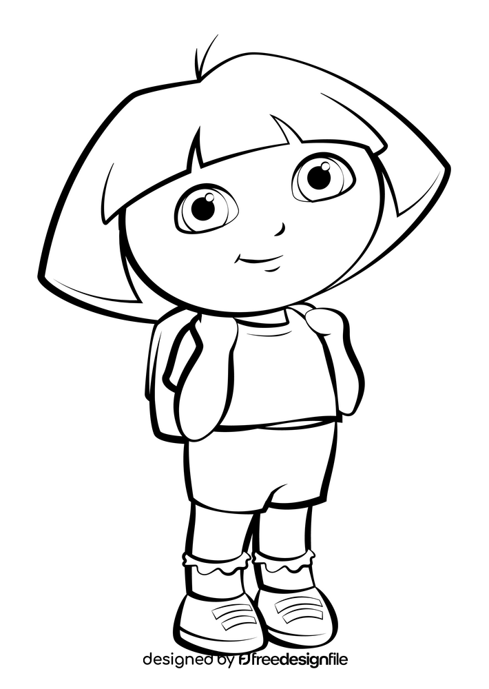 Black and white line art of Dora the Explorer standing with her backpack.