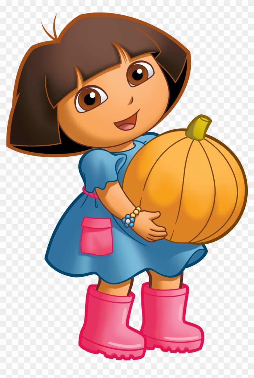 Dora the Explorer holding a large orange pumpkin for Halloween.