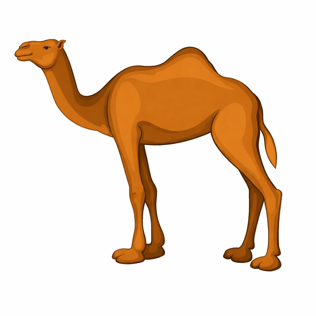 Vector illustration of a brown dromedary camel standing in profile on a green background.
