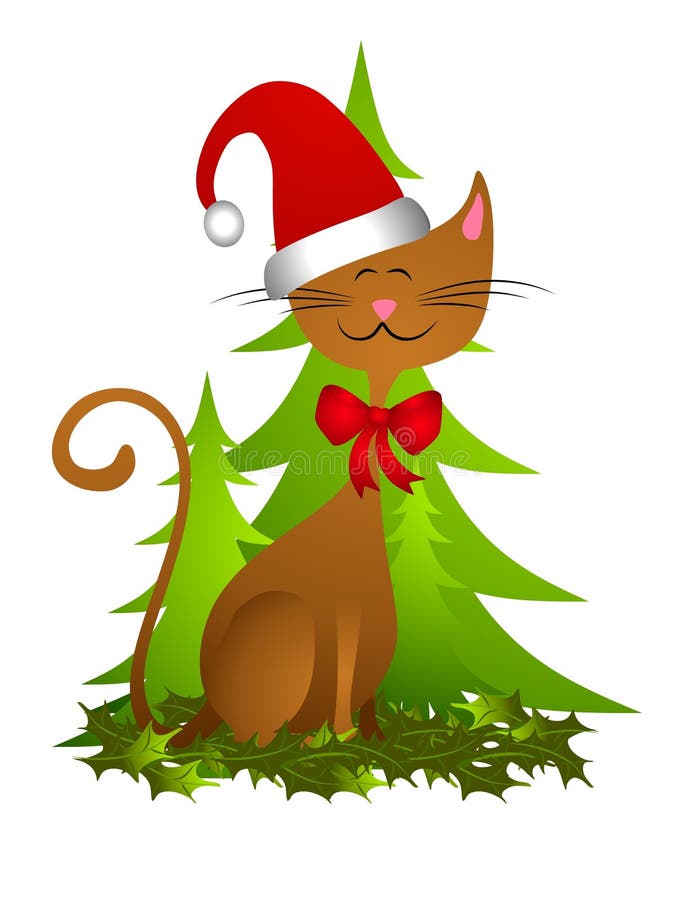 Festive Brown Cat in Santa Hat - Christmas Vector Illustration