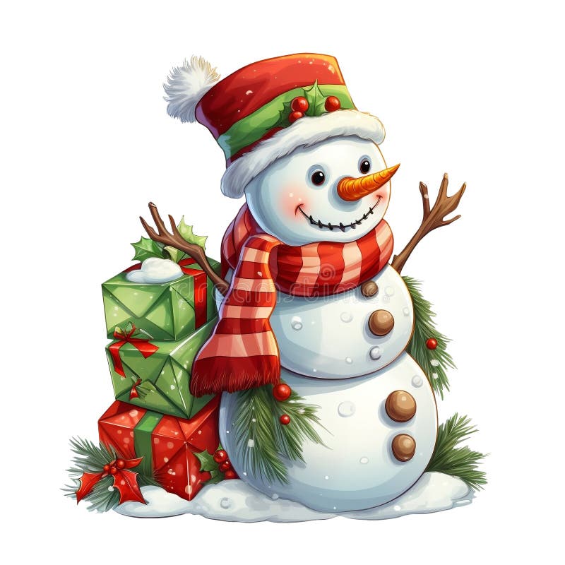 Festive Christmas Snowman with Gifts - Holiday Illustration