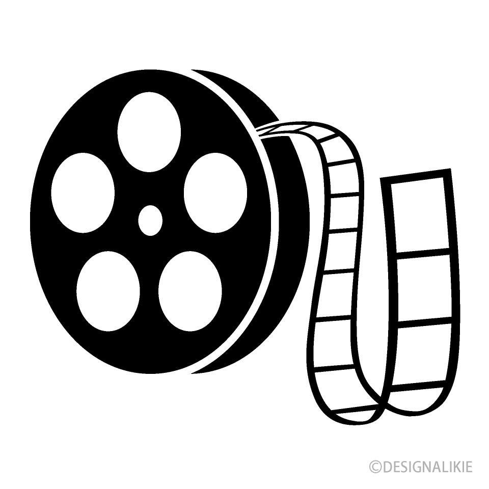 Classic black and white film reel icon with unspooled film strip.