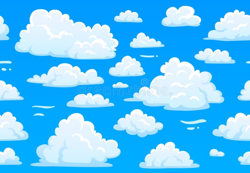 Seamless pattern of white fluffy cartoon clouds on a bright blue sky background.