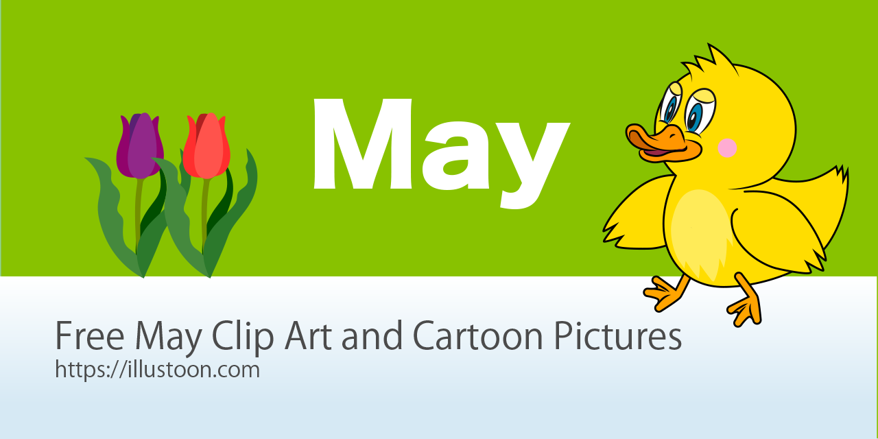 May clip art banner featuring tulips and a yellow duckling