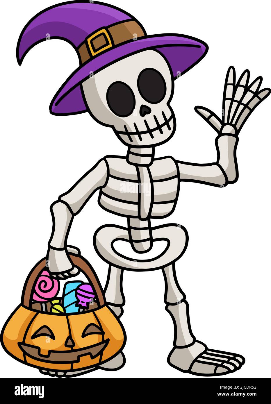 Friendly Halloween Skeleton in Witch Hat with Candy Bucket Clipart
